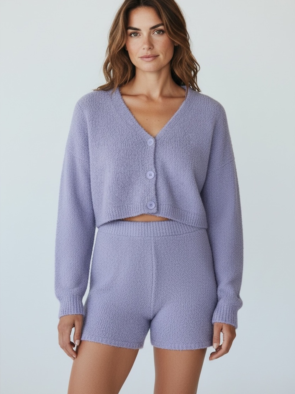 Lavender Cozy Knit Button Cardigan & Shorts Set
